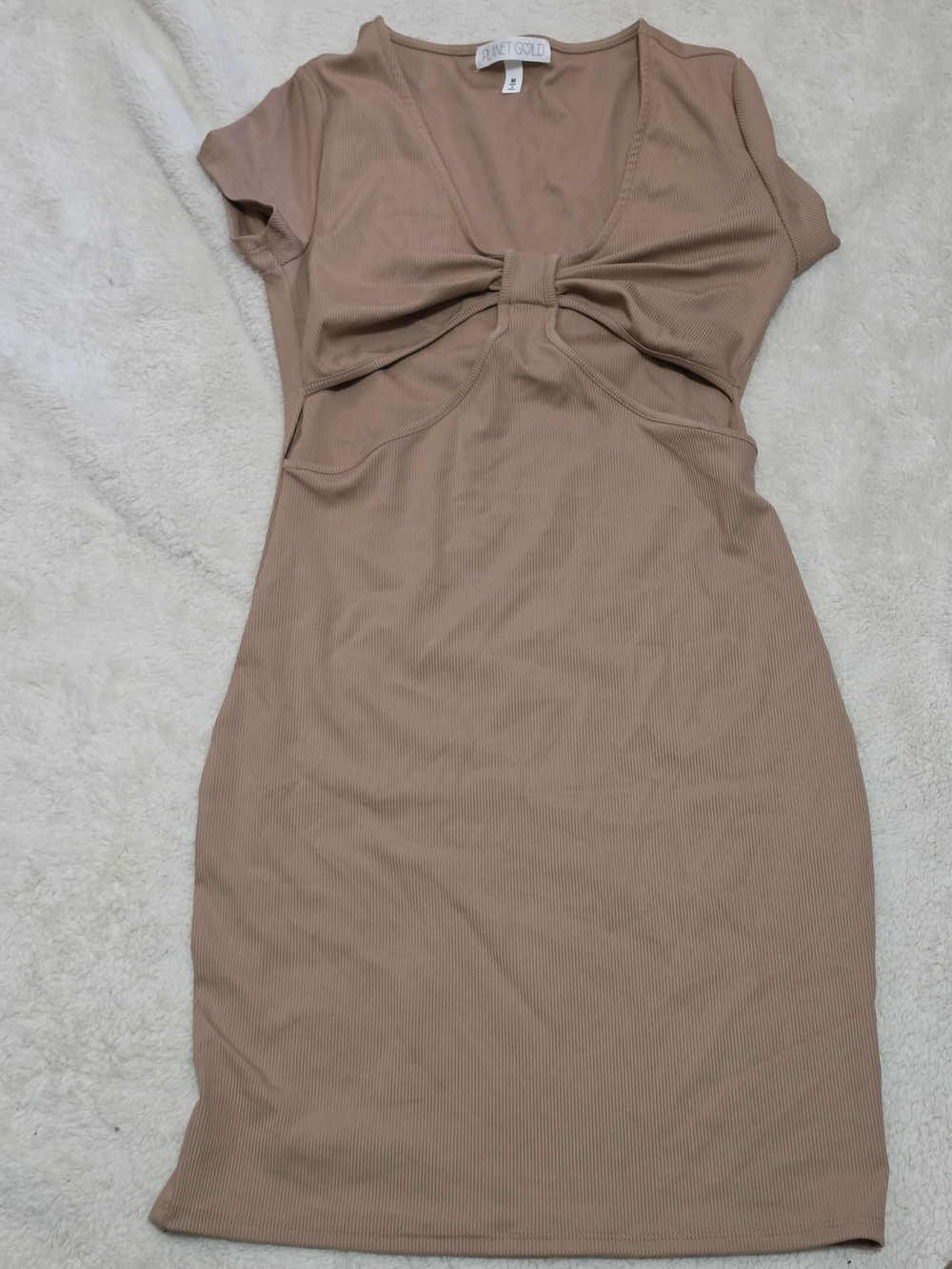 Planet Gold Taupe Knot-Front Ribbed Mini Dress
